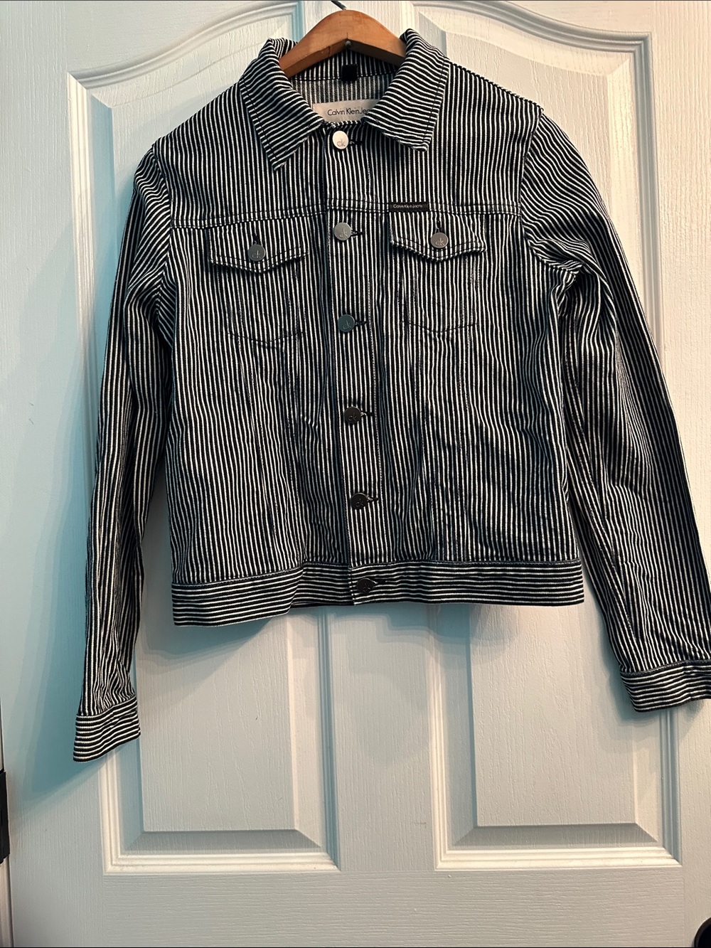 Calvin Klein Jeans Black & White Pinstripe Denim Jacket Trucker Coat